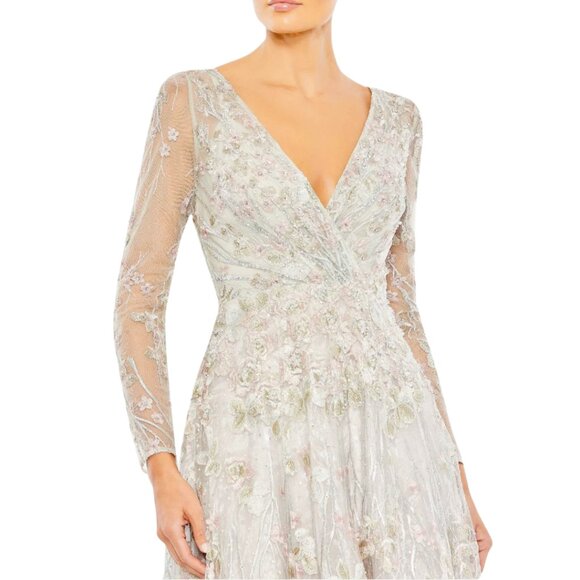 Mac Duggal 20402 Size 12 Floral Embroidered Gray Pink Long Sleeve Gown Dress - Picture 3 of 5